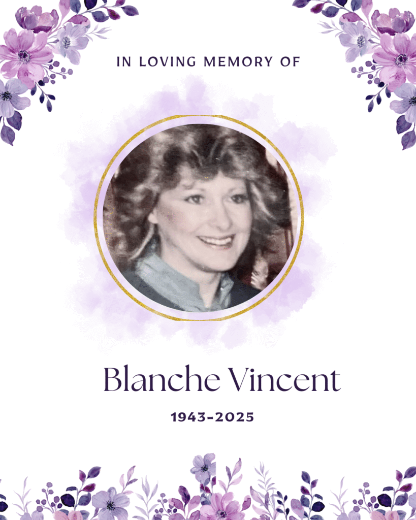 Memorial card with floral border design.